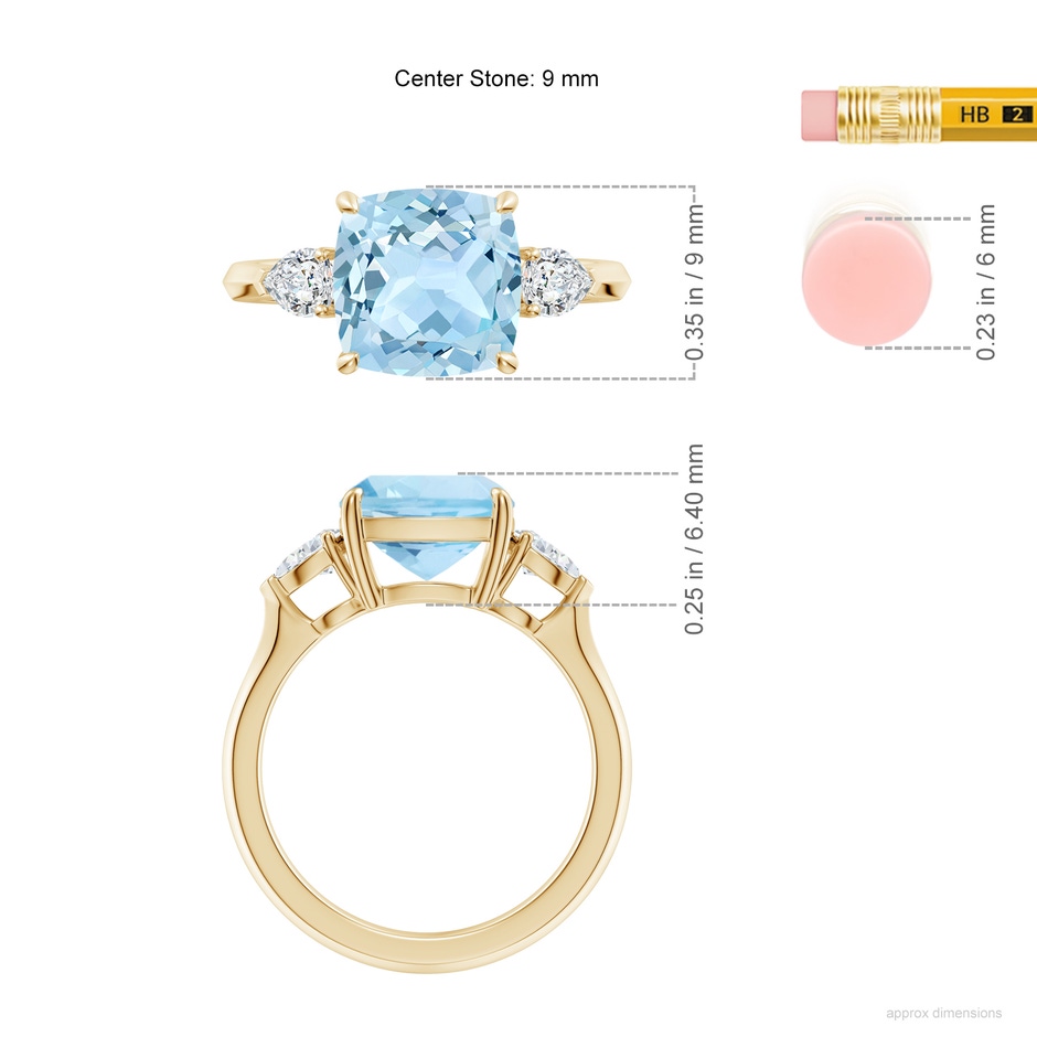 9mm AAA Cushion Aquamarine and Pear Diamond Three Stone Engagement Ring in Yellow Gold ruler
