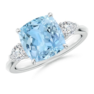 9mm AAAA Cushion Aquamarine and Pear Diamond Three Stone Engagement Ring in P950 Platinum