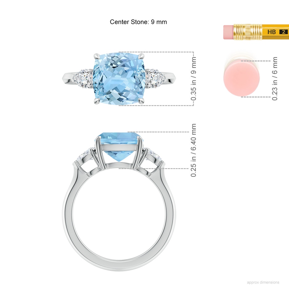 9mm AAAA Cushion Aquamarine and Pear Diamond Three Stone Engagement Ring in P950 Platinum ruler