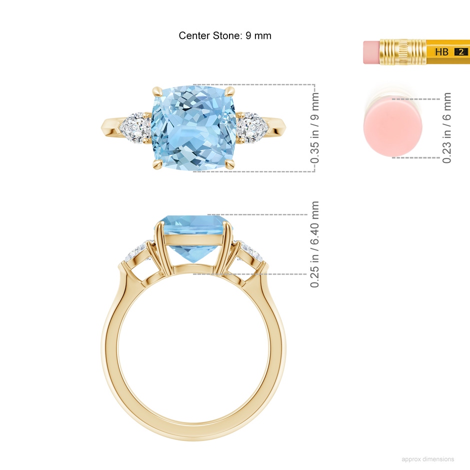 9mm AAAA Cushion Aquamarine and Pear Diamond Three Stone Engagement Ring in Yellow Gold ruler