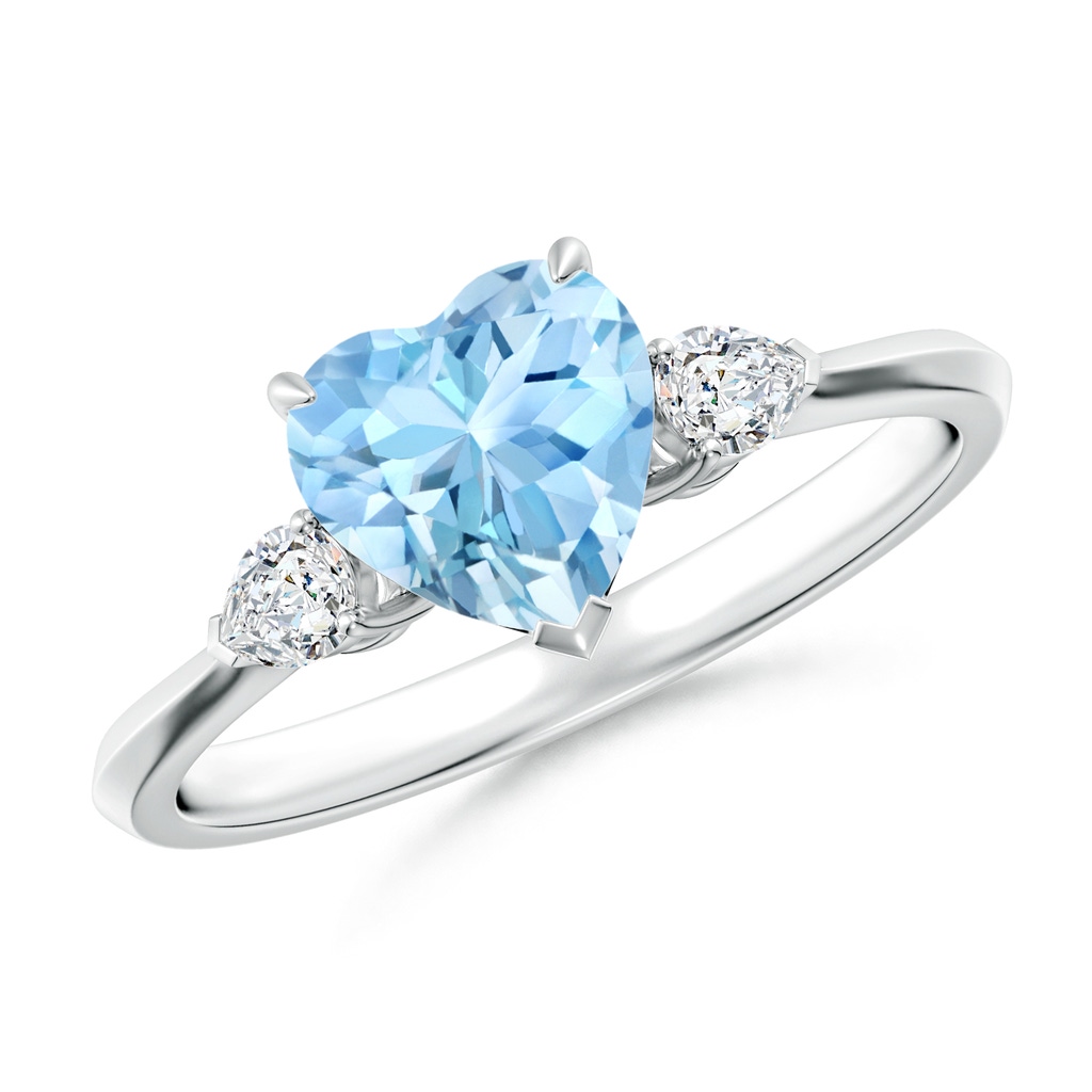 7mm AAAA Heart-Shaped Aquamarine and Pear Diamond Three Stone Engagement Ring in White Gold