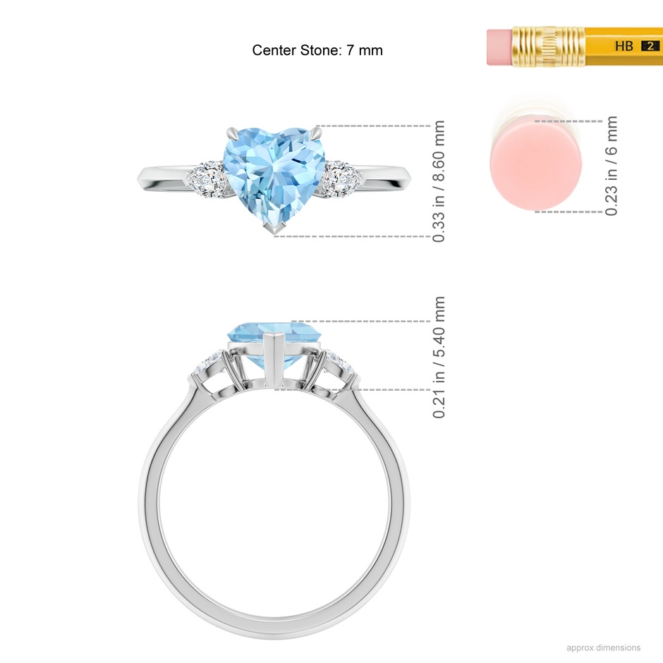 7mm AAAA Heart-Shaped Aquamarine and Pear Diamond Three Stone Engagement Ring in White Gold ruler