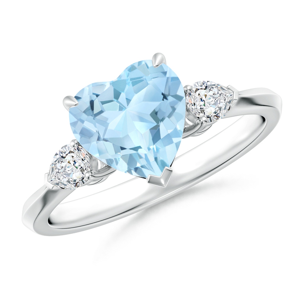 8mm AAA Heart-Shaped Aquamarine and Pear Diamond Three Stone Engagement Ring in White Gold