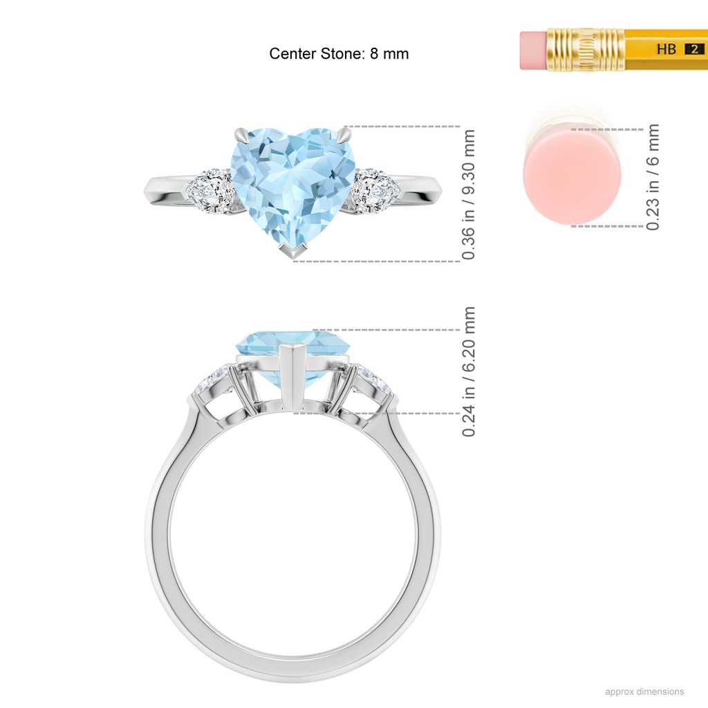 8mm AAA Heart-Shaped Aquamarine and Pear Diamond Three Stone Engagement Ring in White Gold ruler