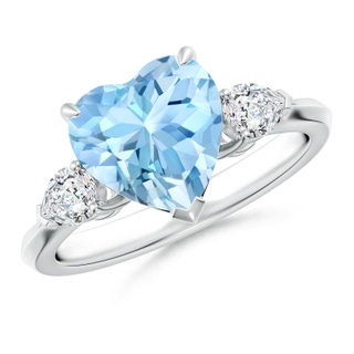 9mm AAAA Heart-Shaped Aquamarine and Pear Diamond Three Stone Engagement Ring in P950 Platinum