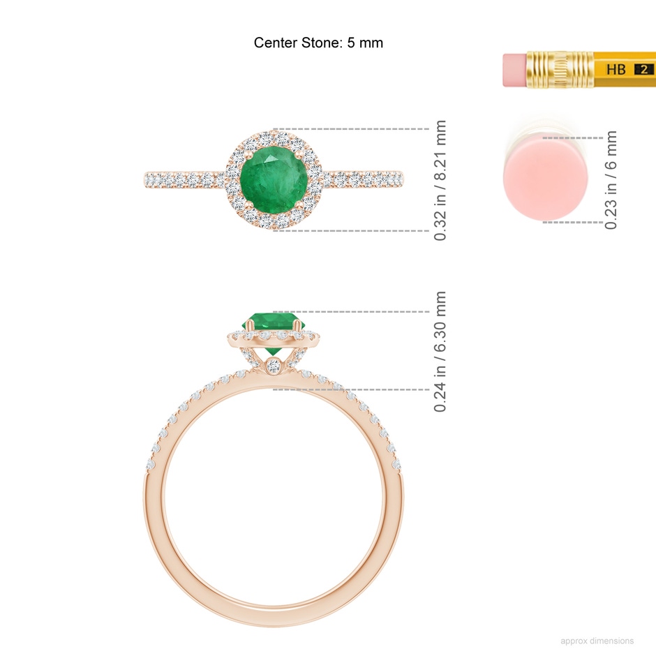 5mm A Round Emerald Classic Halo Engagement Ring in Rose Gold ruler