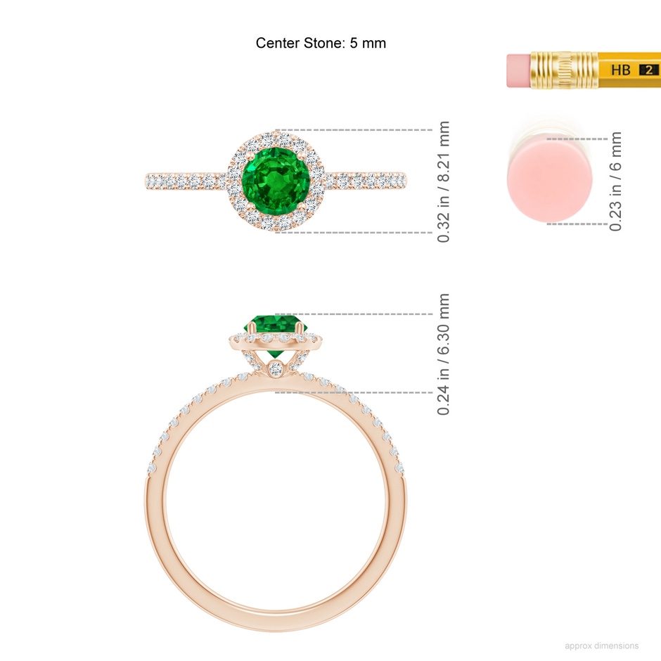 5mm AAAA Round Emerald Classic Halo Engagement Ring in Rose Gold ruler