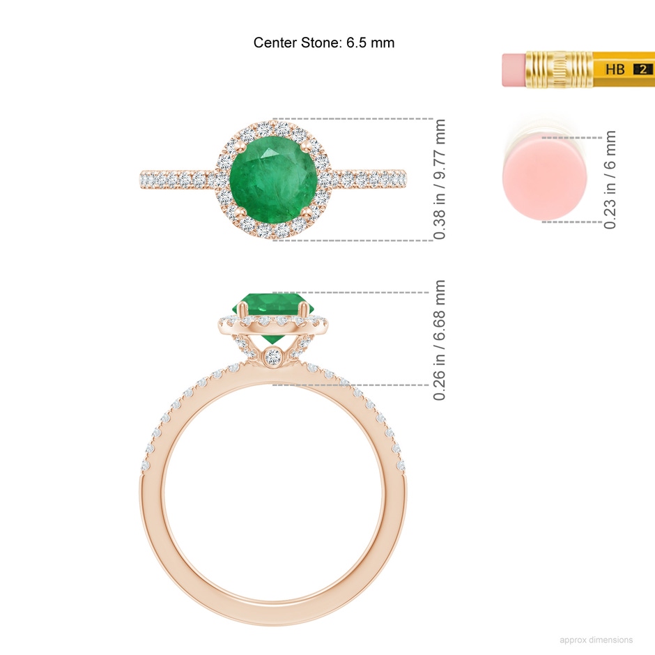 6.5mm A Round Emerald Classic Halo Engagement Ring in Rose Gold ruler