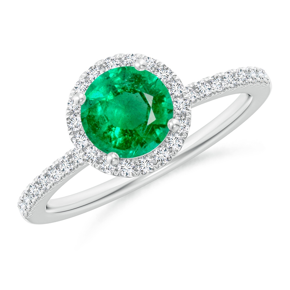 6.5mm AAA Round Emerald Classic Halo Engagement Ring in 18K White Gold 