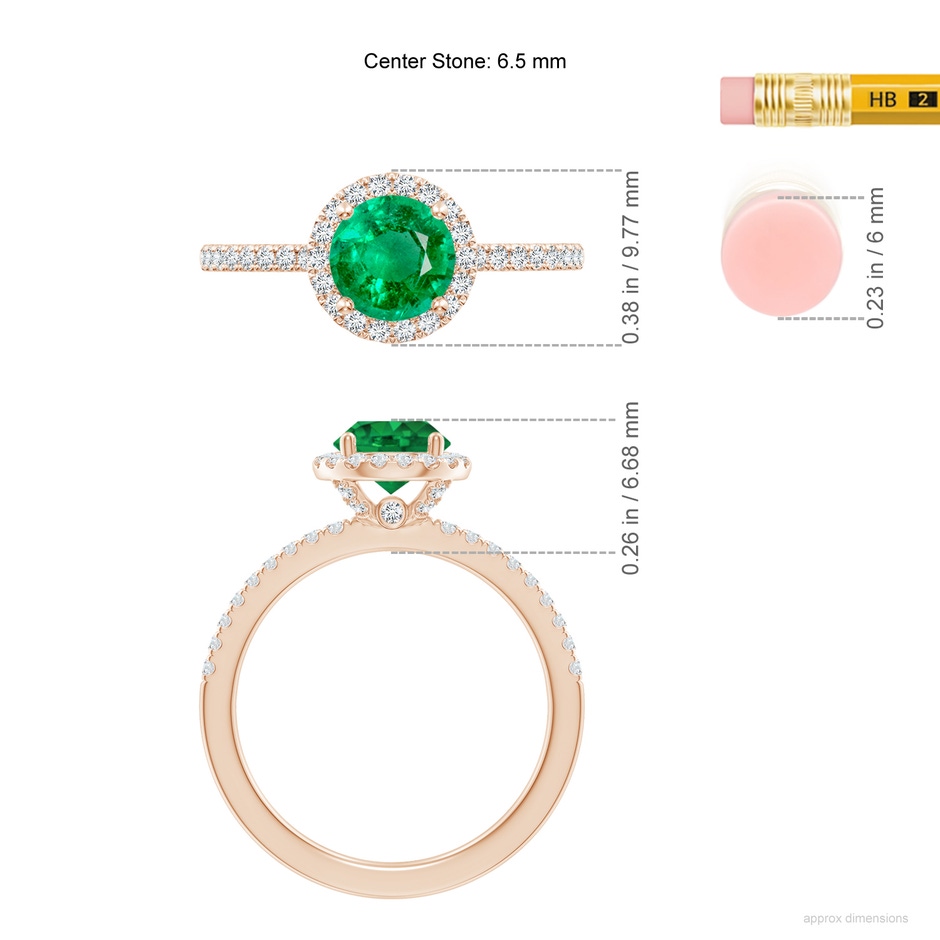 6.5mm AAA Round Emerald Classic Halo Engagement Ring in Rose Gold ruler