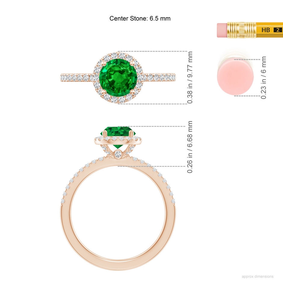 6.5mm AAAA Round Emerald Classic Halo Engagement Ring in Rose Gold ruler