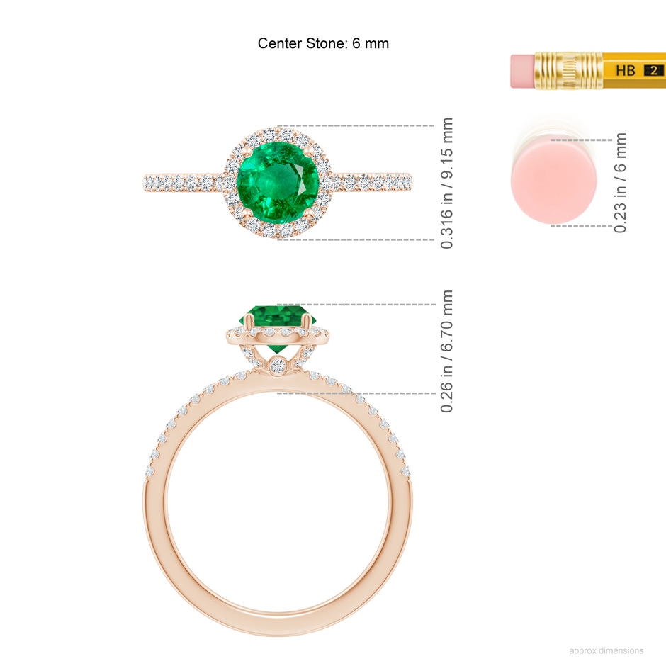 6mm AAA Round Emerald Classic Halo Engagement Ring in Rose Gold ruler