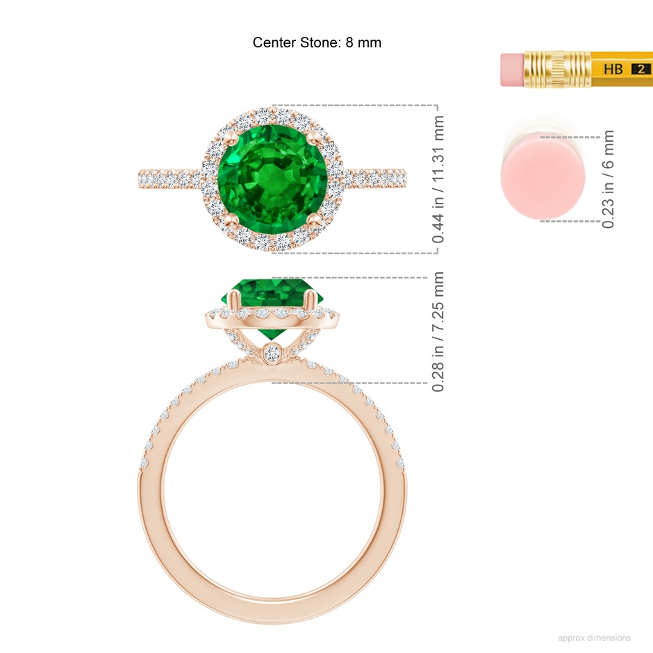 8mm AAAA Round Emerald Classic Halo Engagement Ring in 18K Rose Gold ruler