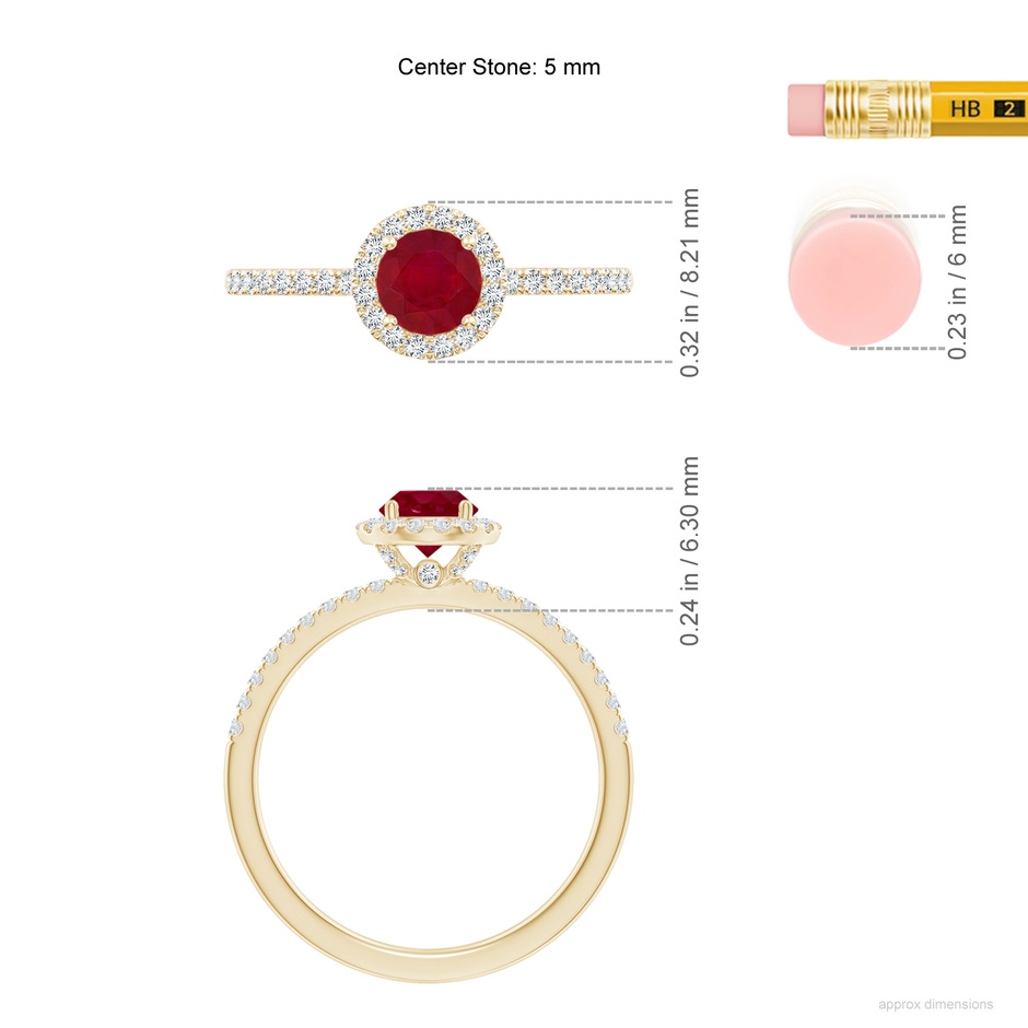 5mm AA Round Ruby Classic Halo Engagement Ring in Yellow Gold ruler