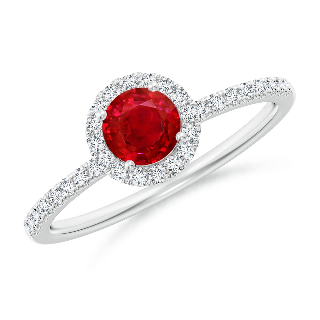 5mm AAA Round Ruby Classic Halo Engagement Ring in 18K White Gold