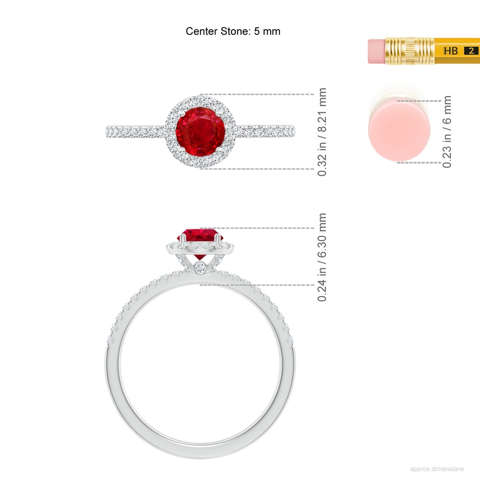 5mm AAA Round Ruby Classic Halo Engagement Ring in White Gold ruler