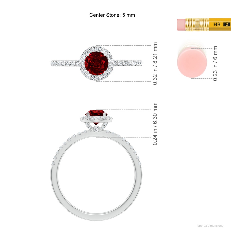 5mm AAAA Round Ruby Classic Halo Engagement Ring in P950 Platinum ruler