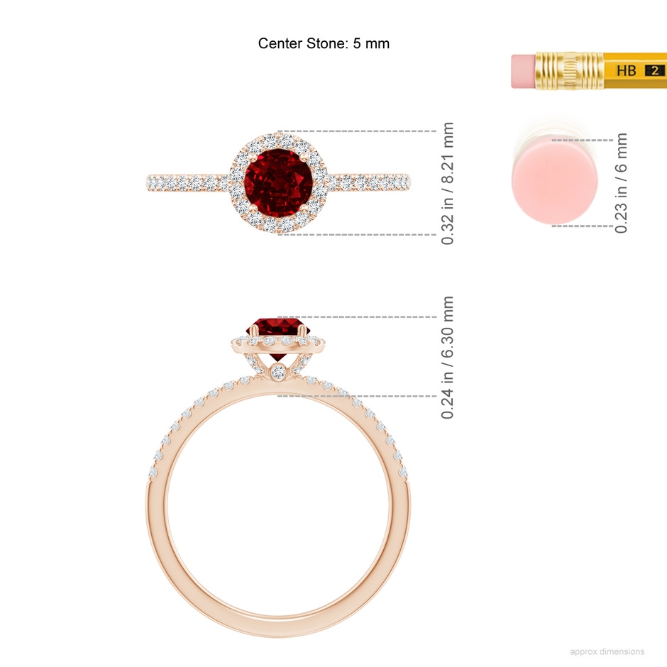 5mm AAAA Round Ruby Classic Halo Engagement Ring in Rose Gold ruler