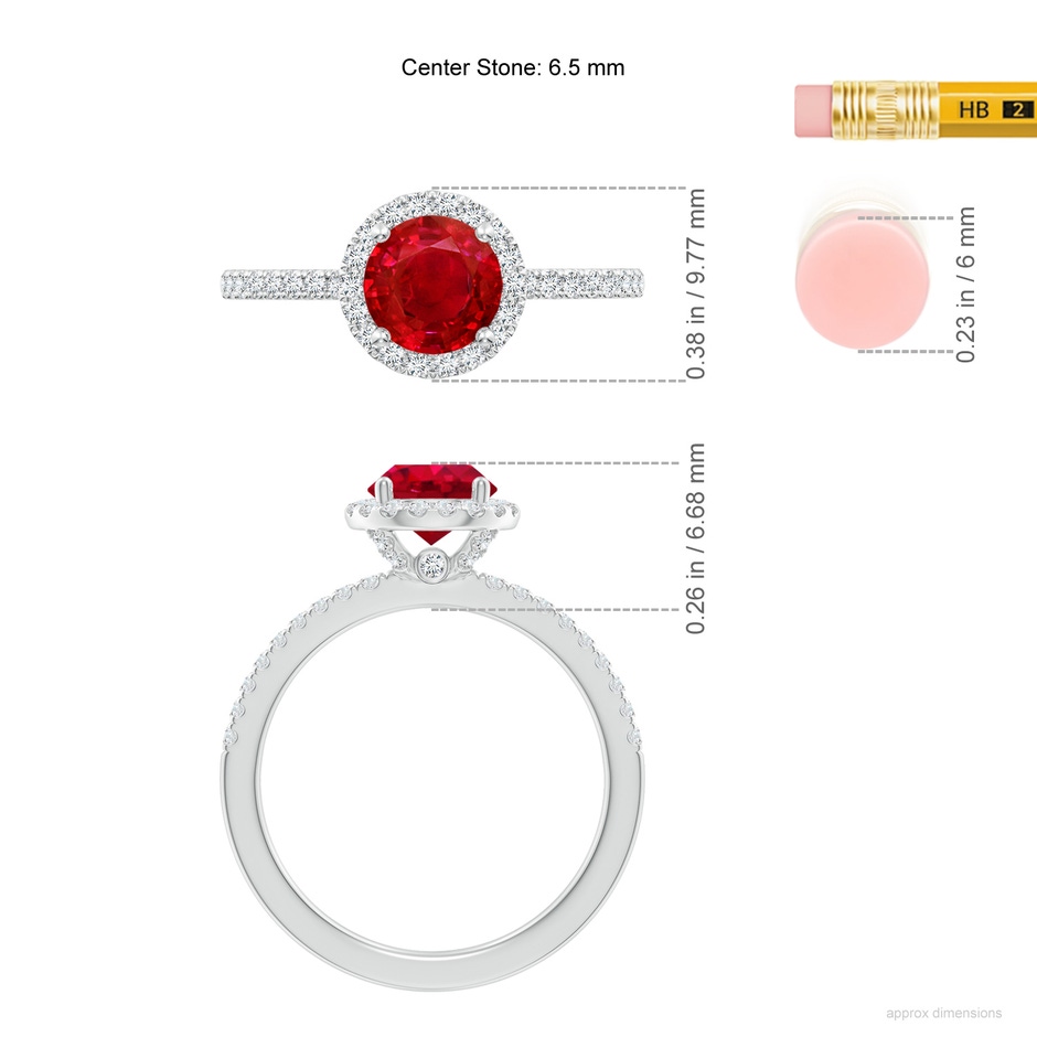 6.5mm AAA Round Ruby Classic Halo Engagement Ring in White Gold ruler