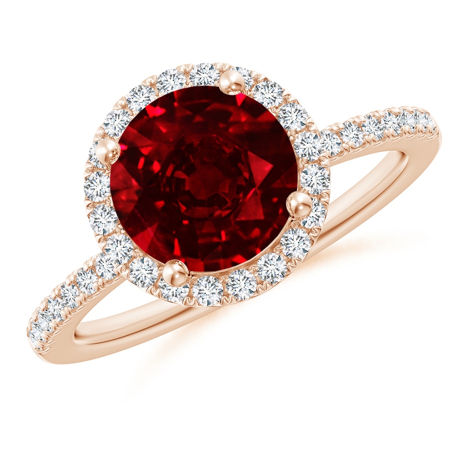 8mm AAAA Round Ruby Classic Halo Engagement Ring in 18K Rose Gold 