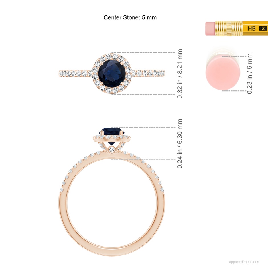 5mm A Round Blue Sapphire Classic Halo Engagement Ring in Rose Gold ruler