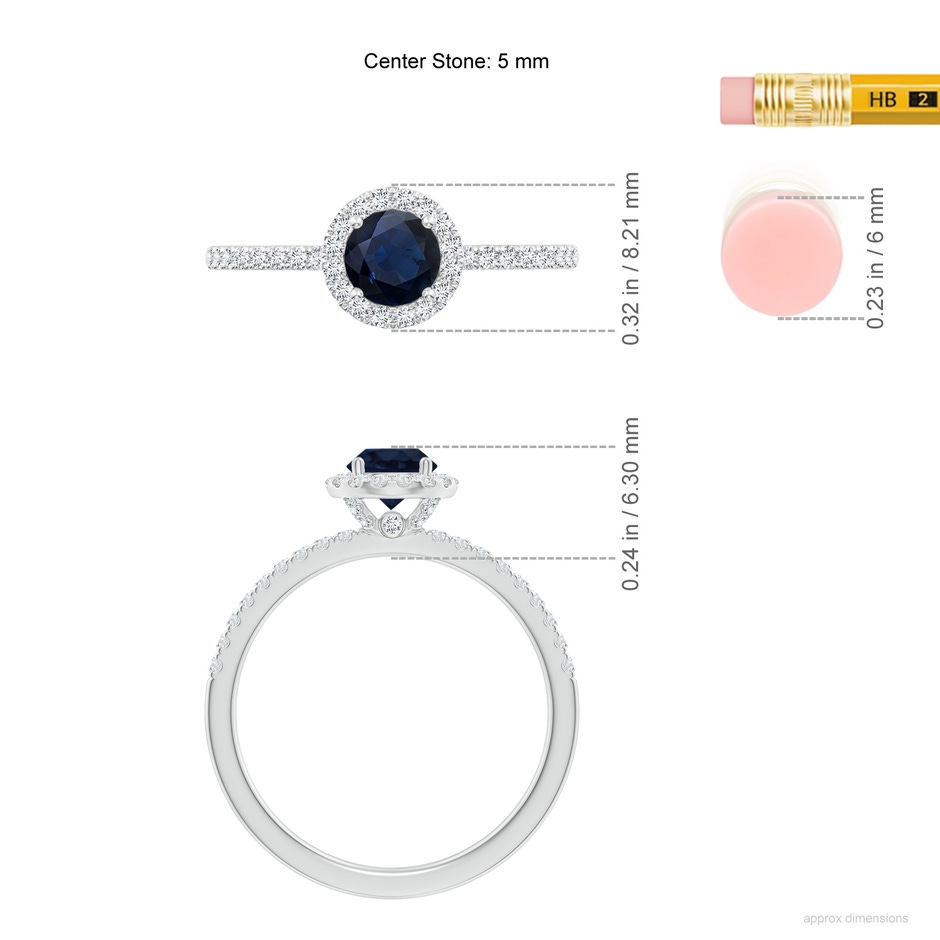 5mm A Round Blue Sapphire Classic Halo Engagement Ring in White Gold ruler