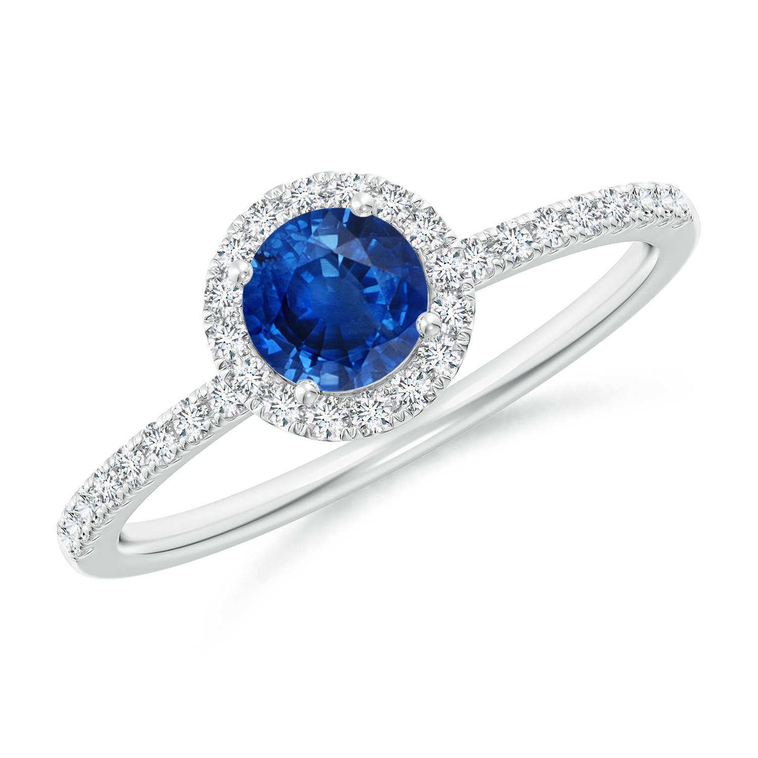 5mm AAA Round Blue Sapphire Classic Halo Engagement Ring in 18K White Gold