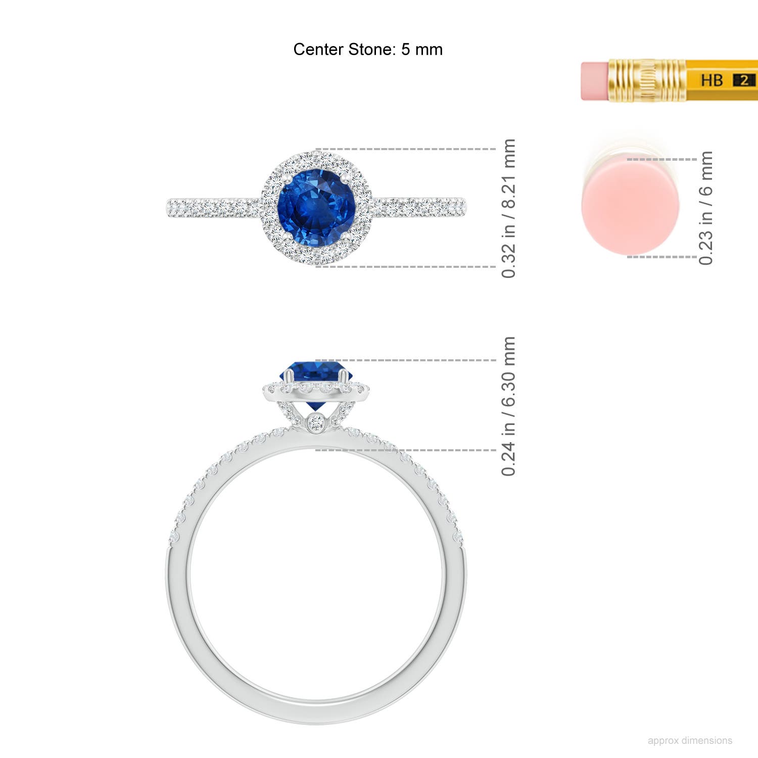 5mm AAA Round Blue Sapphire Classic Halo Engagement Ring in White Gold - ruler