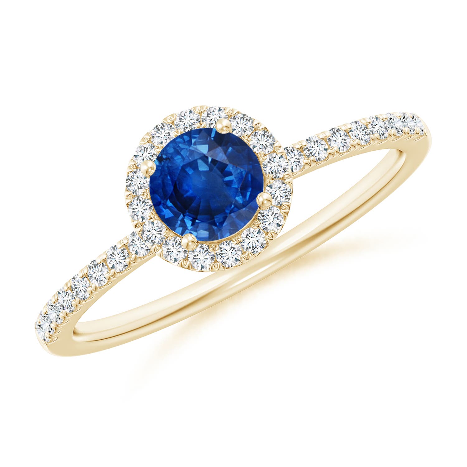 5mm AAA Round Blue Sapphire Classic Halo Engagement Ring in Yellow Gold