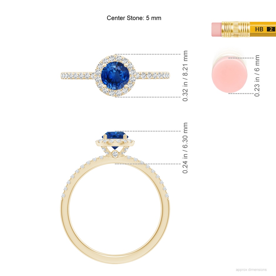 5mm AAA Round Blue Sapphire Classic Halo Engagement Ring in Yellow Gold ruler