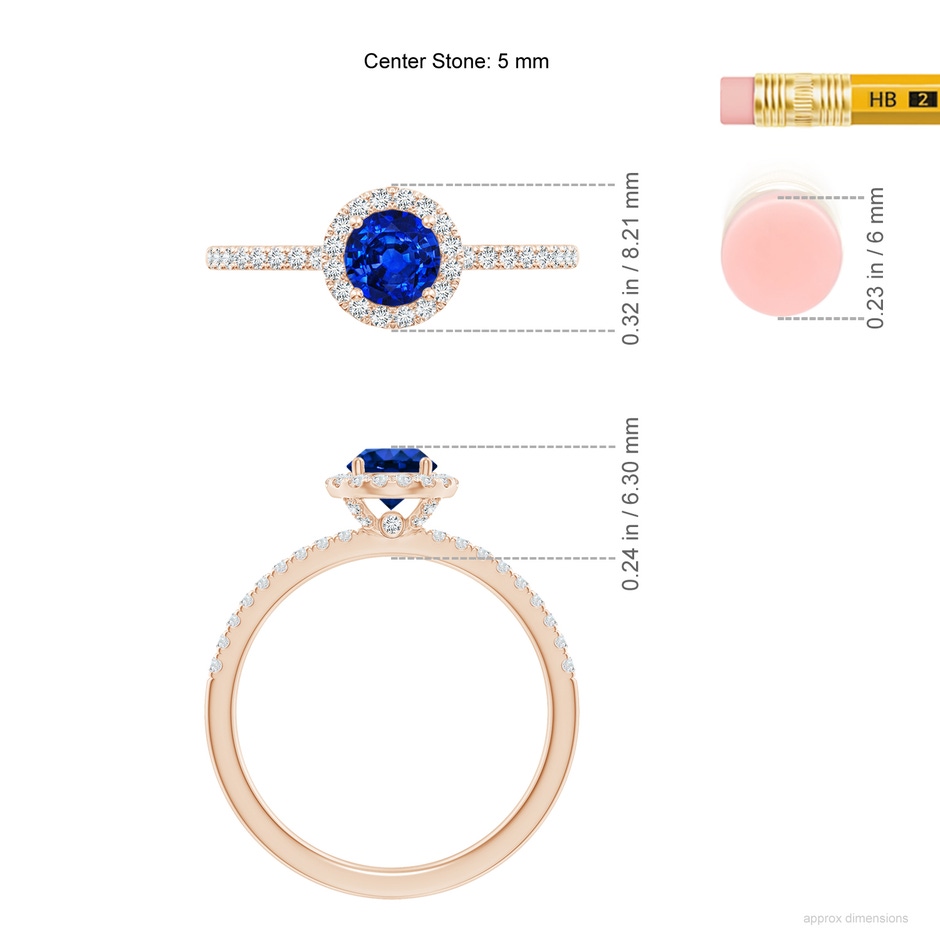 5mm AAAA Round Blue Sapphire Classic Halo Engagement Ring in Rose Gold ruler