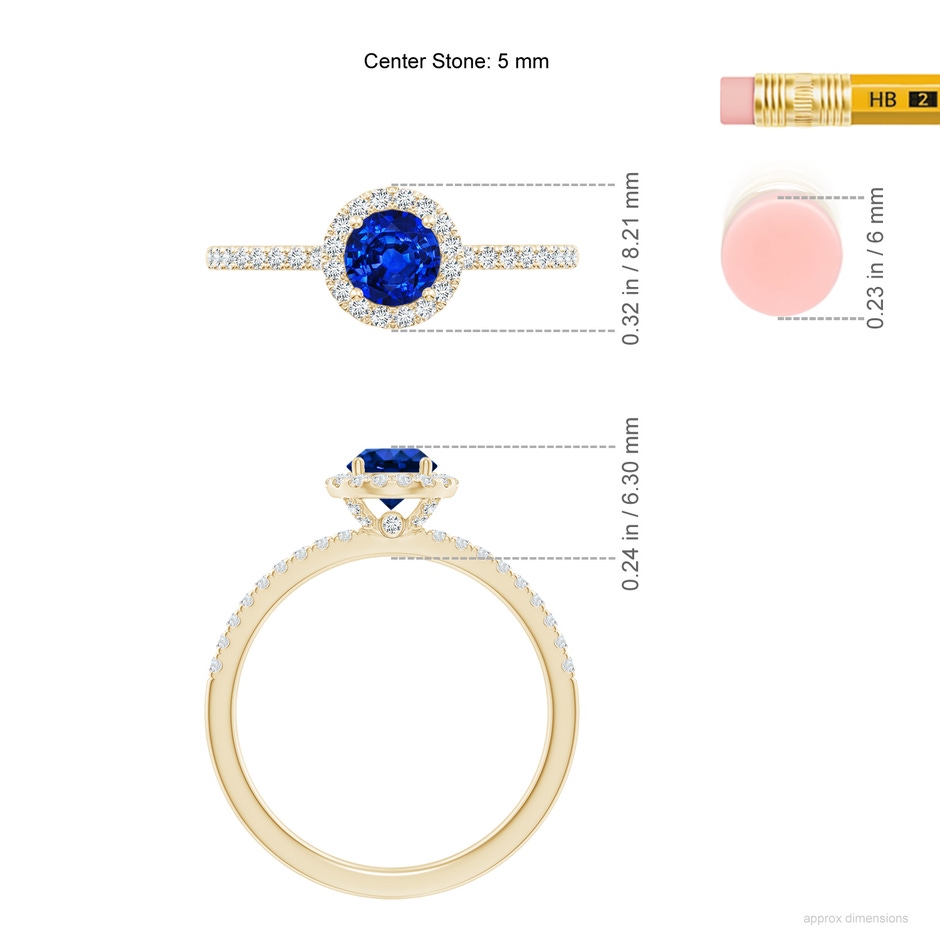 5mm AAAA Round Blue Sapphire Classic Halo Engagement Ring in Yellow Gold ruler