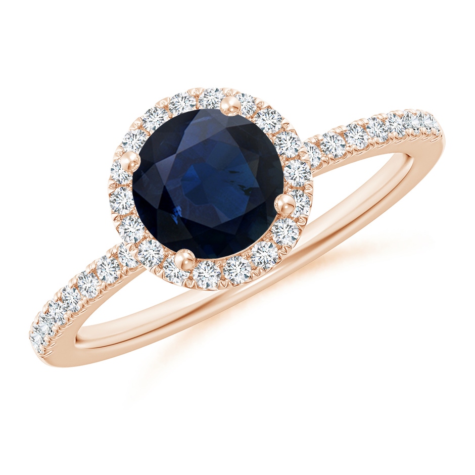 6.5mm A Round Blue Sapphire Classic Halo Engagement Ring in Rose Gold 