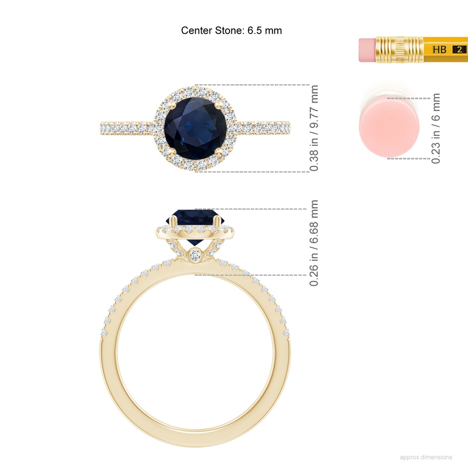 6.5mm A Round Blue Sapphire Classic Halo Engagement Ring in Yellow Gold ruler