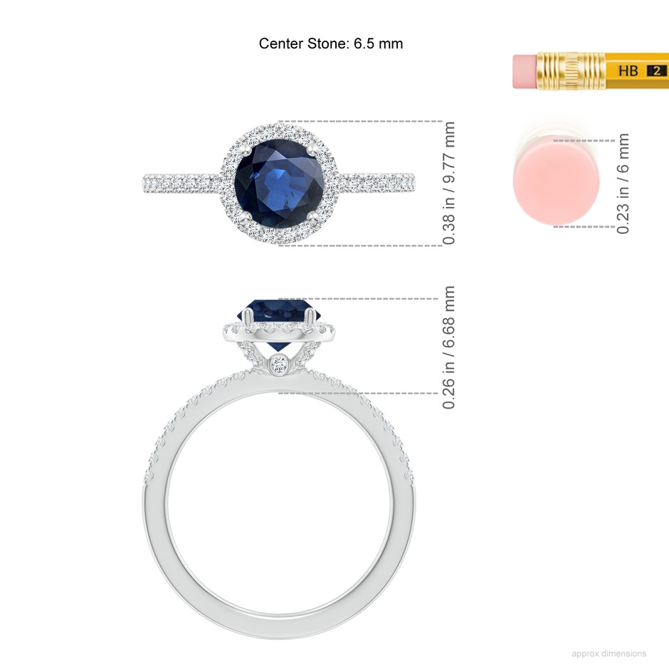 6.5mm AA Round Blue Sapphire Classic Halo Engagement Ring in P950 Platinum ruler