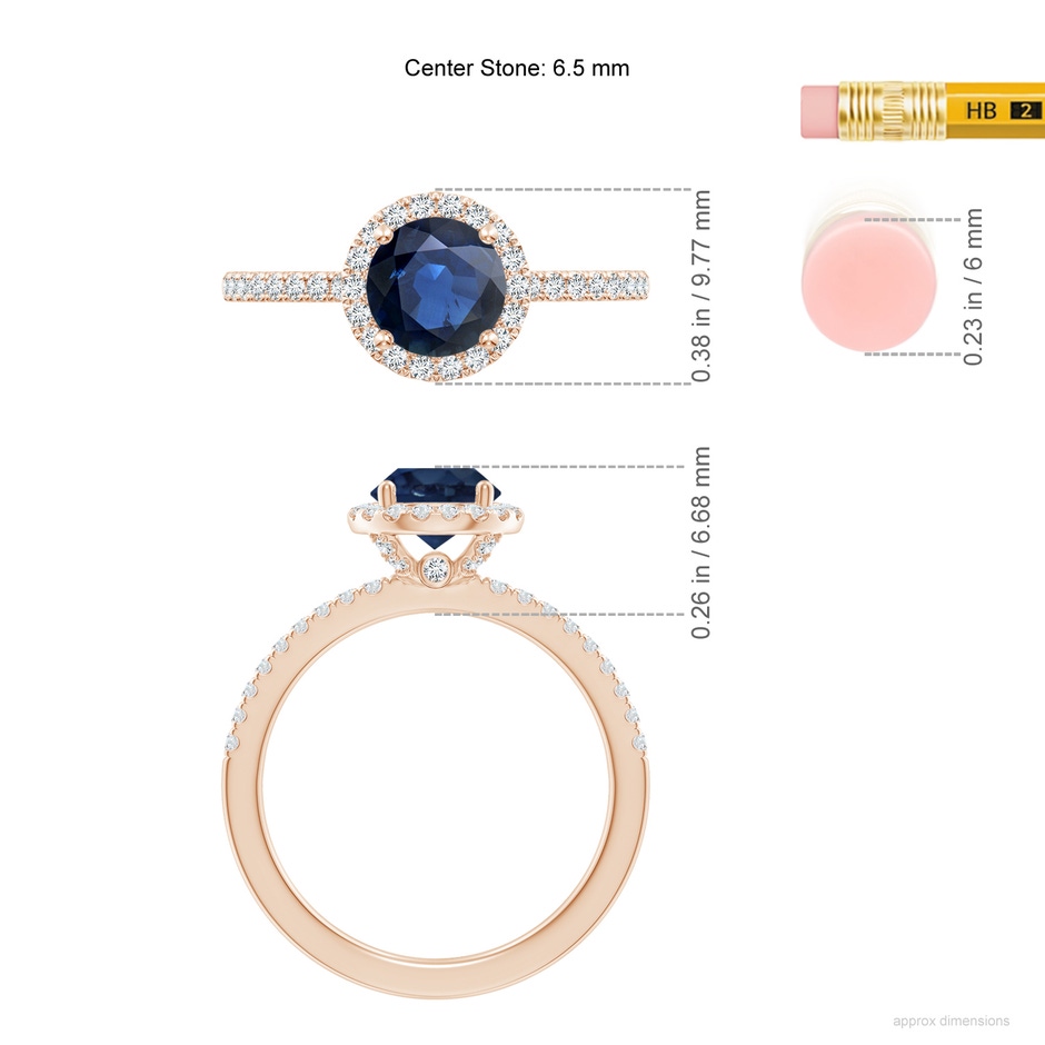 6.5mm AA Round Blue Sapphire Classic Halo Engagement Ring in Rose Gold ruler