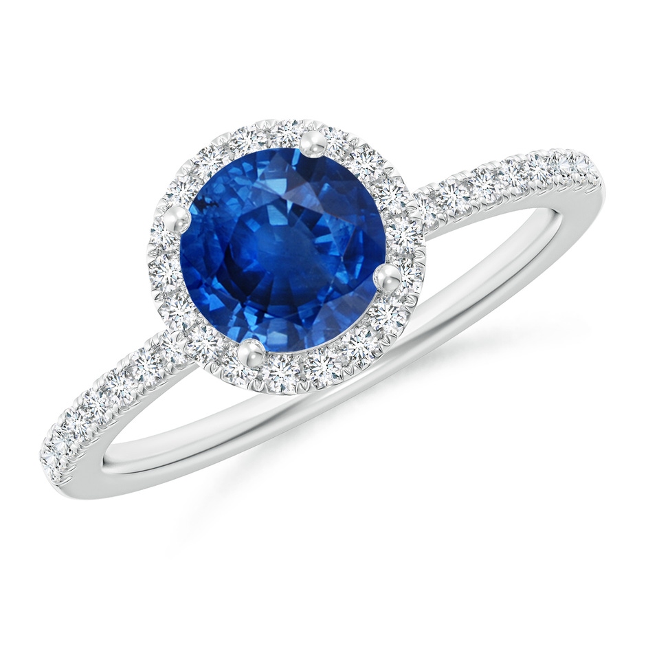 6.5mm AAA Round Blue Sapphire Classic Halo Engagement Ring in White Gold 