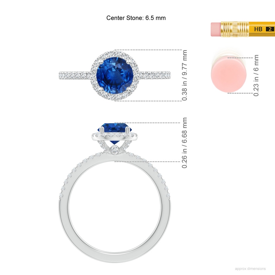 6.5mm AAA Round Blue Sapphire Classic Halo Engagement Ring in White Gold ruler