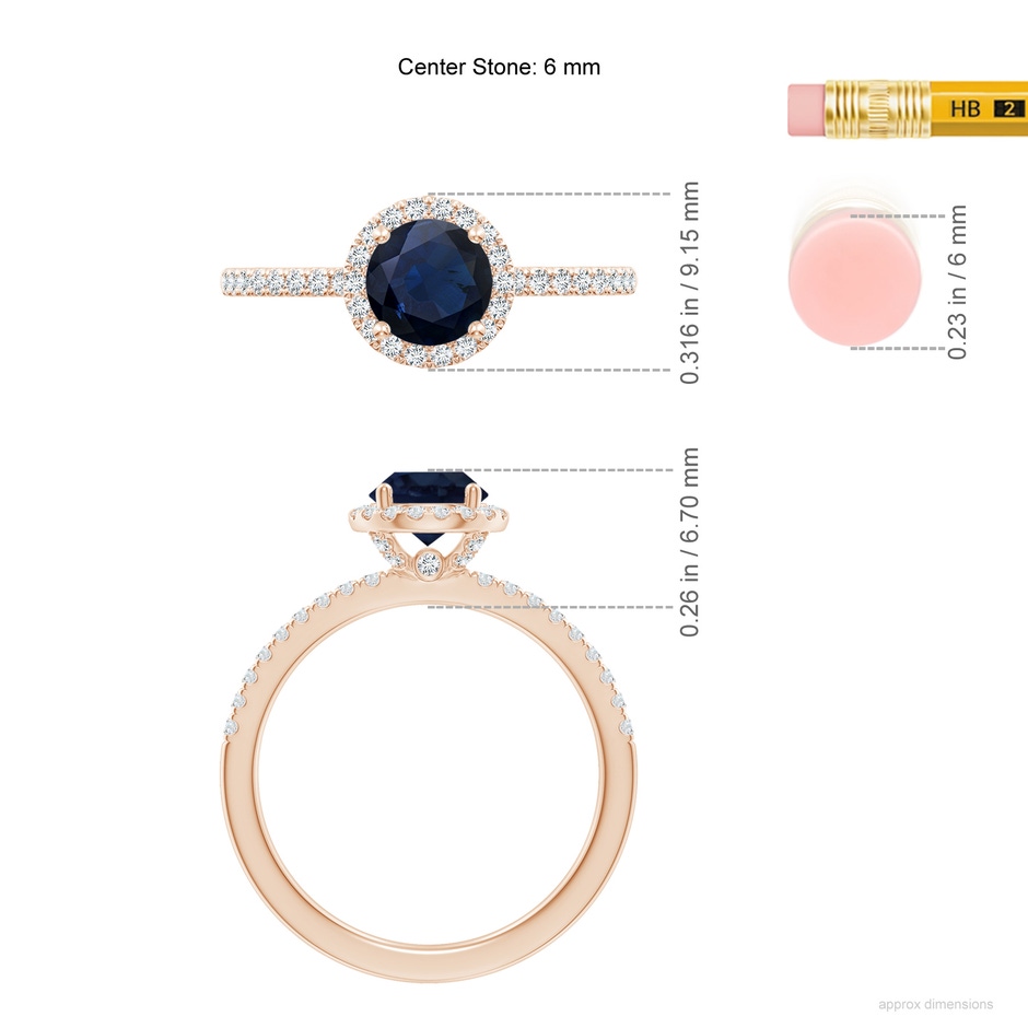 6mm A Round Blue Sapphire Classic Halo Engagement Ring in Rose Gold ruler