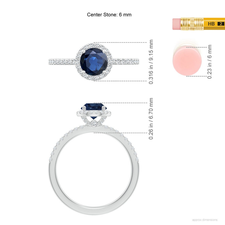 6mm AA Round Blue Sapphire Classic Halo Engagement Ring in White Gold ruler