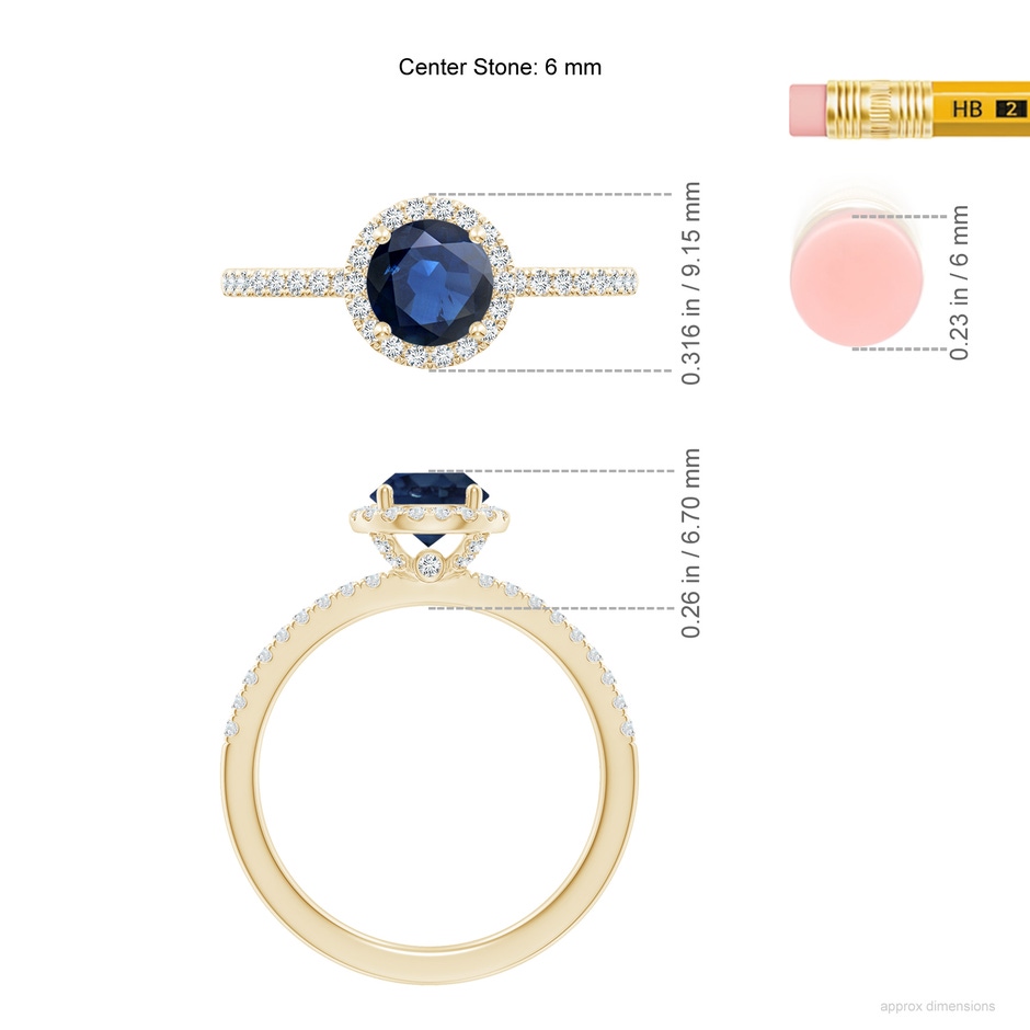 6mm AA Round Blue Sapphire Classic Halo Engagement Ring in Yellow Gold ruler