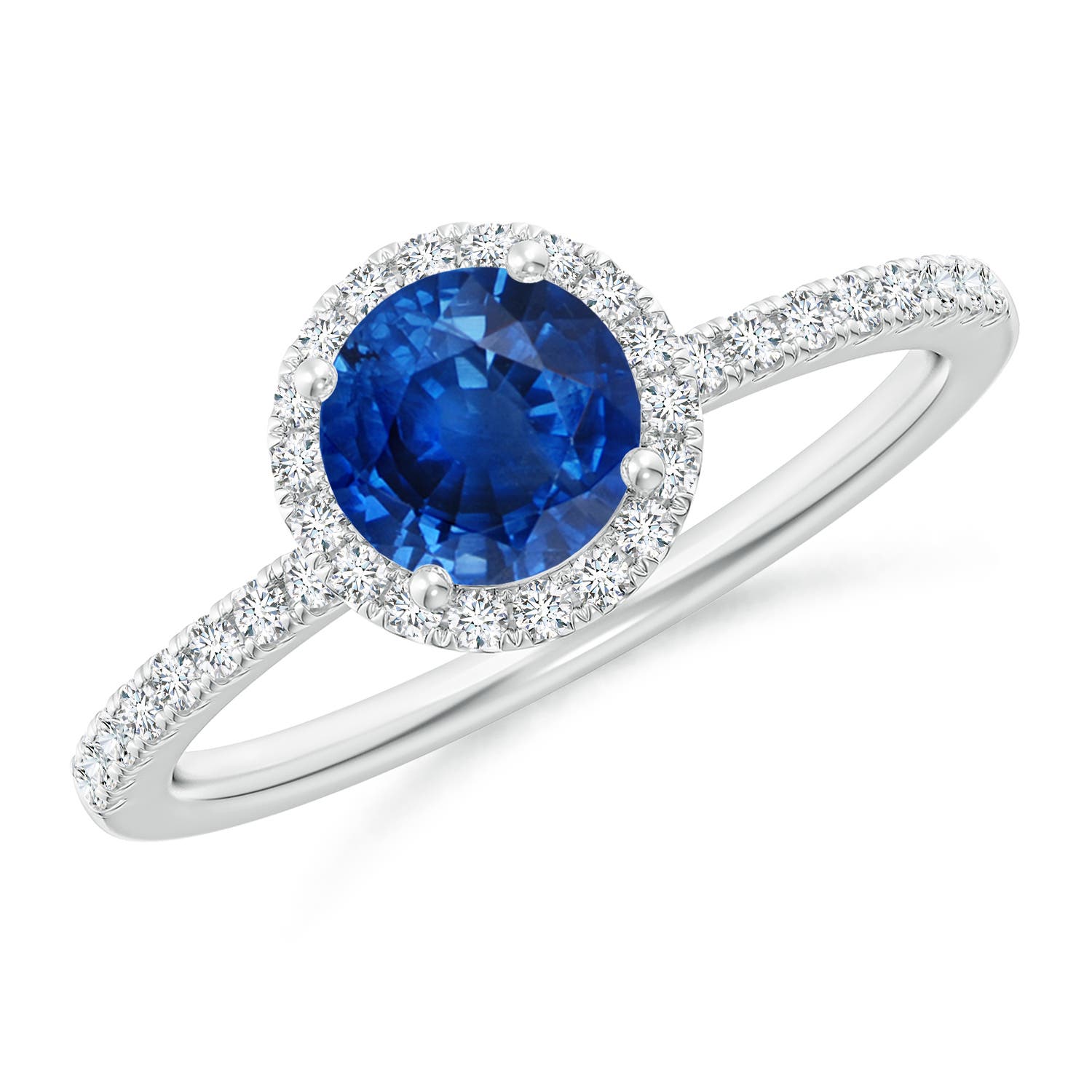 6mm AAA Round Blue Sapphire Classic Halo Engagement Ring in 18K White Gold