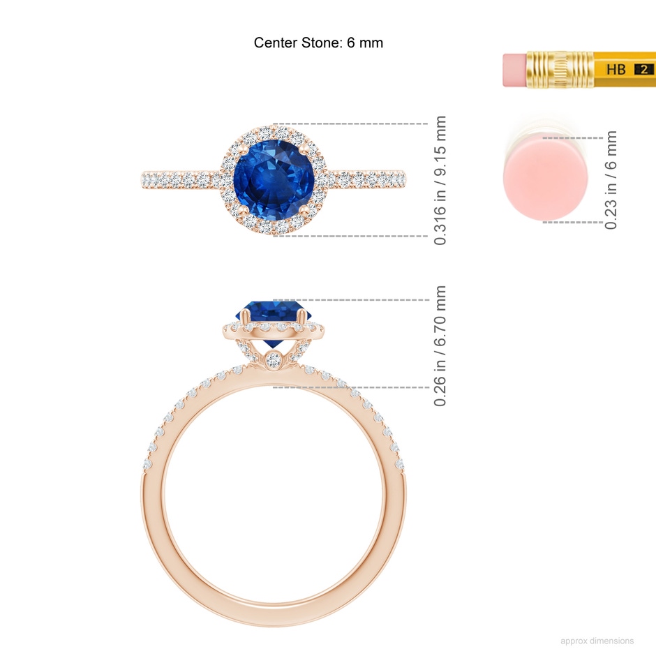 6mm AAA Round Blue Sapphire Classic Halo Engagement Ring in Rose Gold ruler
