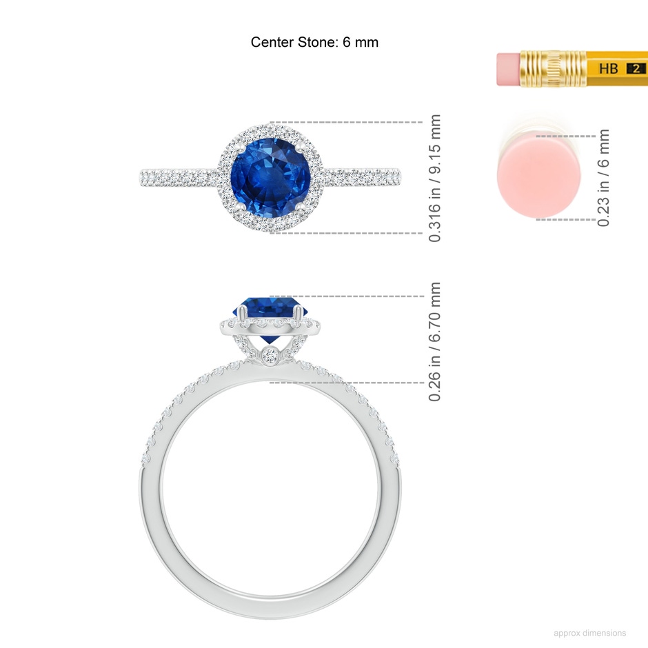 6mm AAA Round Blue Sapphire Classic Halo Engagement Ring in White Gold ruler