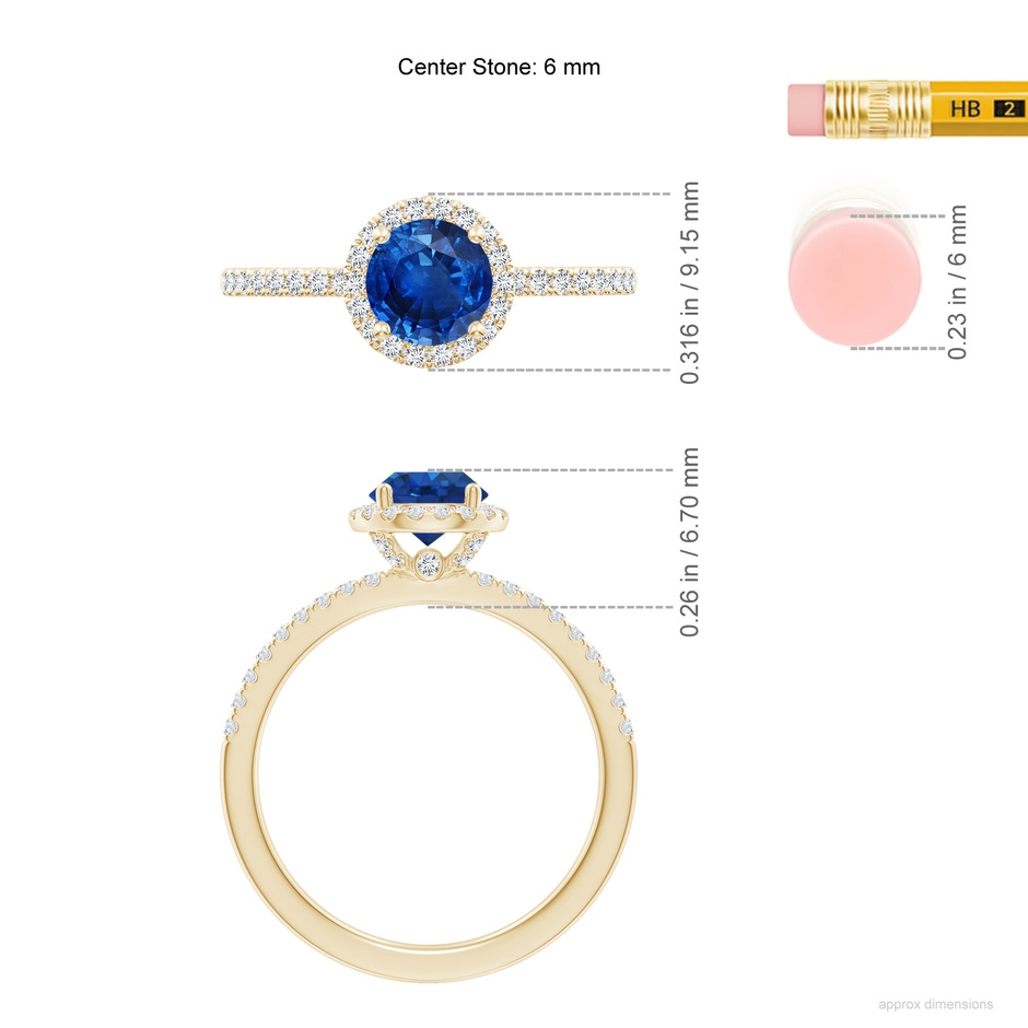 6mm AAA Round Blue Sapphire Classic Halo Engagement Ring in Yellow Gold ruler