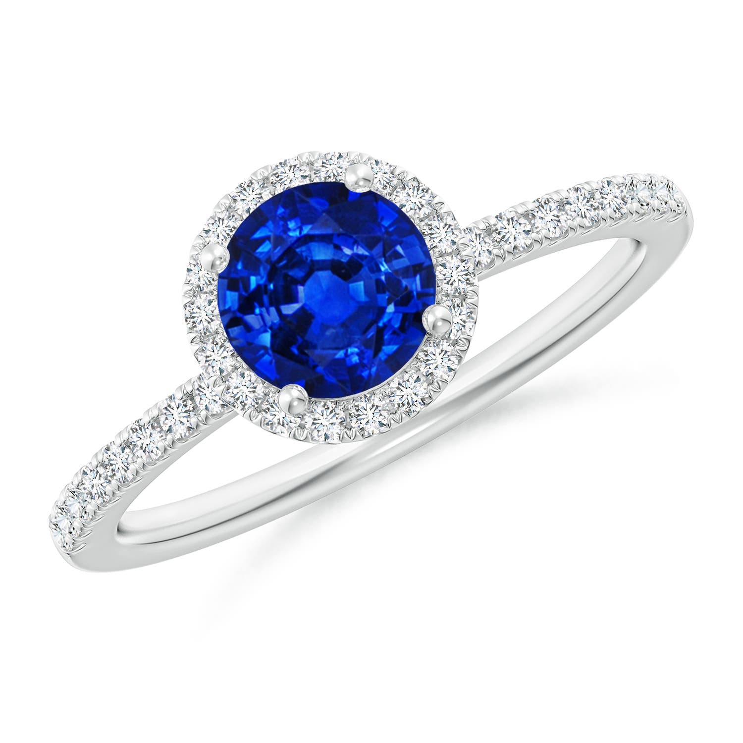 6mm AAAA Round Blue Sapphire Classic Halo Engagement Ring in 18K White Gold