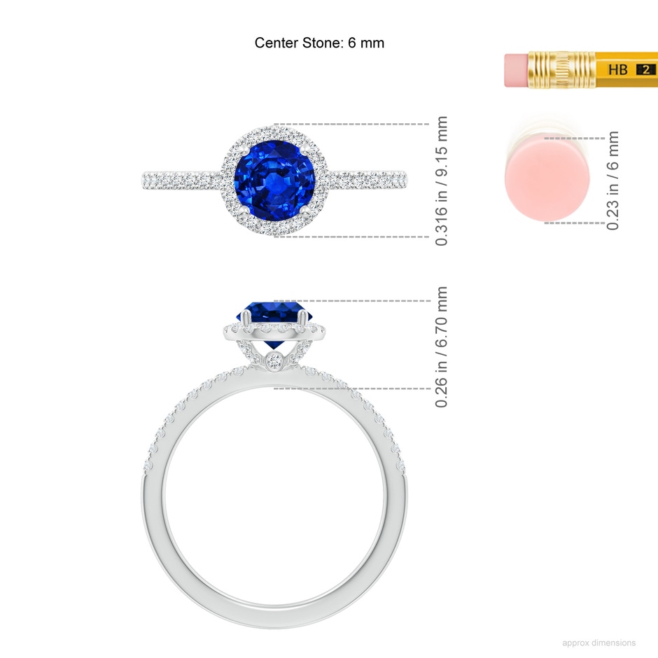 6mm AAAA Round Blue Sapphire Classic Halo Engagement Ring in P950 Platinum ruler