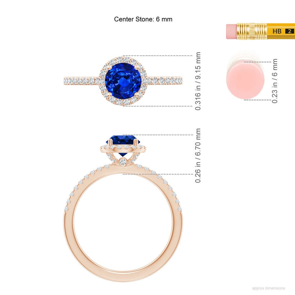 6mm AAAA Round Blue Sapphire Classic Halo Engagement Ring in Rose Gold ruler