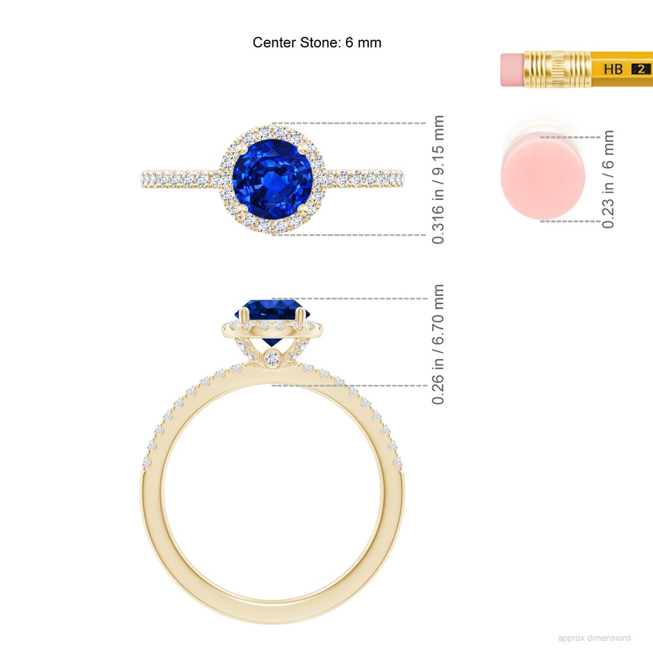 6mm AAAA Round Blue Sapphire Classic Halo Engagement Ring in Yellow Gold ruler
