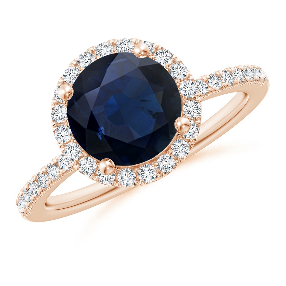 8mm A Round Blue Sapphire Classic Halo Engagement Ring in Rose Gold 